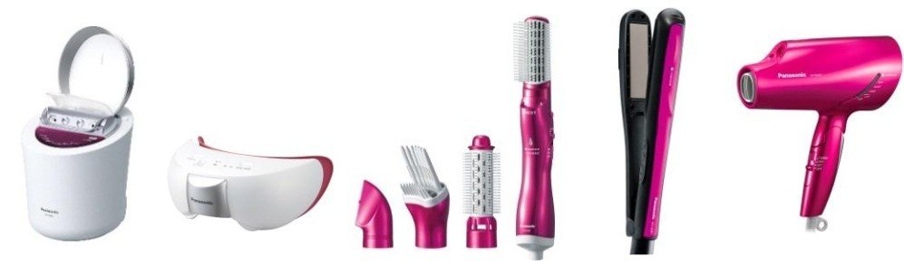 パナソニック美容機器の…(左から)スチーマーナノケア、目もとエステ、くるくるドライヤーナノケア、ストレートアイロンナノケア、ヘアードライヤーナノケア
