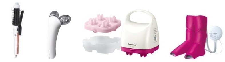パナソニック美容機器の…(左から)カールアイロン・ブラシタイプ、温感エステローラー、頭皮エステ、レッグリフレ
