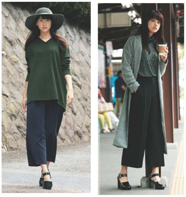 モデル、山本美月さん。(左)ボリューム感のあるニット×ワイドシルエットのボトムスとのボリュームシルエット同士のスタイリングが新鮮！＝Ｖネックボリュームプルオーバー1490円、イージーワイドクロップドパンツ1990円、フエルトキャペリン1490円　トータル4970円／(右)ロングアウターを合わせたボリューム感のあるスタイリングでも、モノトーンで合わせればすっきり見える！＝ロングチェスターコート3990円、タートルボリュームプルオーバー1490円、イージーワイドクロップドパンツ1990円　トータル7470円