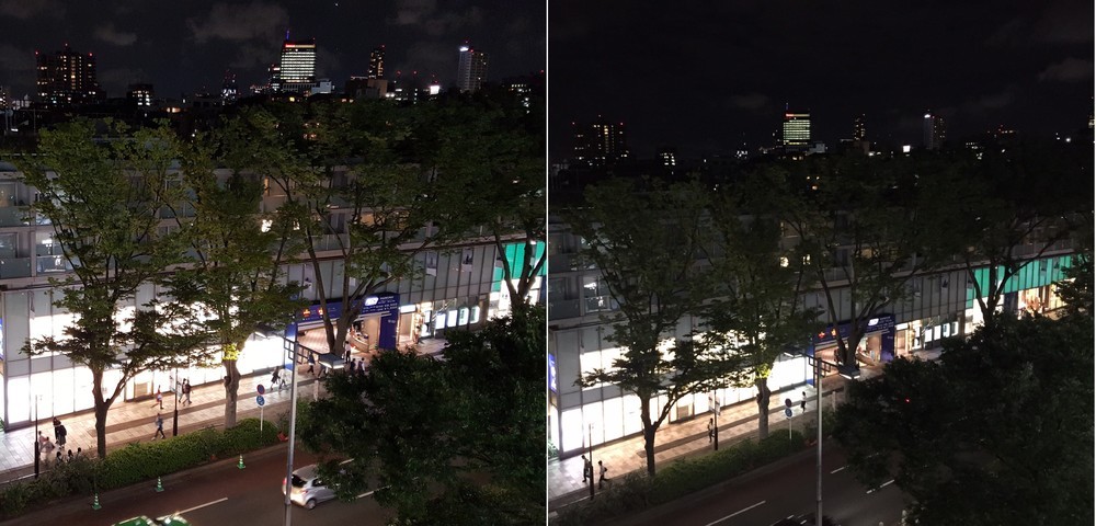 夜景を撮影し比較　（左）Galaxy S6で撮影　（右）他社スマホで撮影
