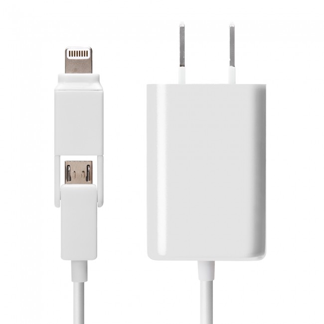 iPhoneもAndroidも充電できる「Lightning＋micro USBツインコネクタ AC充電器」PGAから