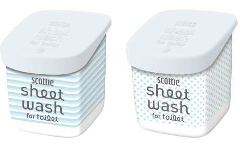 「スコッティ　シートウォッシュ for トイレット」　パッケージデザインはボーダー柄とドット柄の2種類
