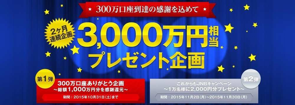 総額3000万円相当プレゼント　ジャパンネット銀行が300万口座突破に感謝込め