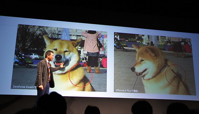 左がZenFone Zoomで撮影した画像、右がiPhone6 Plus。左の写真は犬の毛1本1本をしっかりとらえている