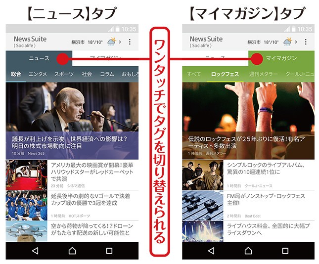 「ニュース」と「マイマガジン」の2つのタグで構成されている