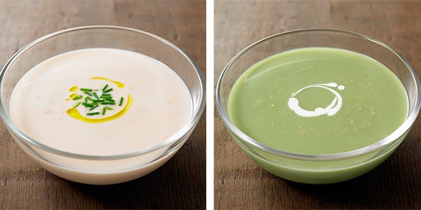 「鱈とチーズのヴィシソワーズ」（左）と「枝豆の冷製グリーンスープ」