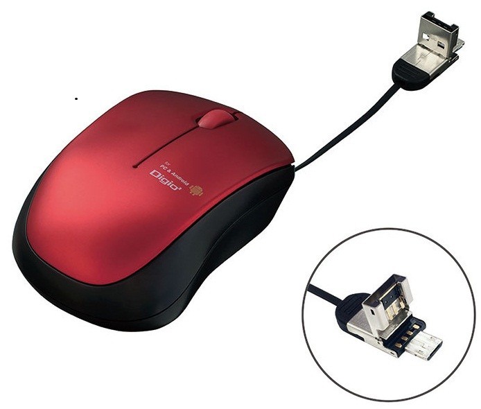 コネクターごと...巻き取り収納式の有線マウス　PCとアンドロイドタブレット＆スマホ両対応
