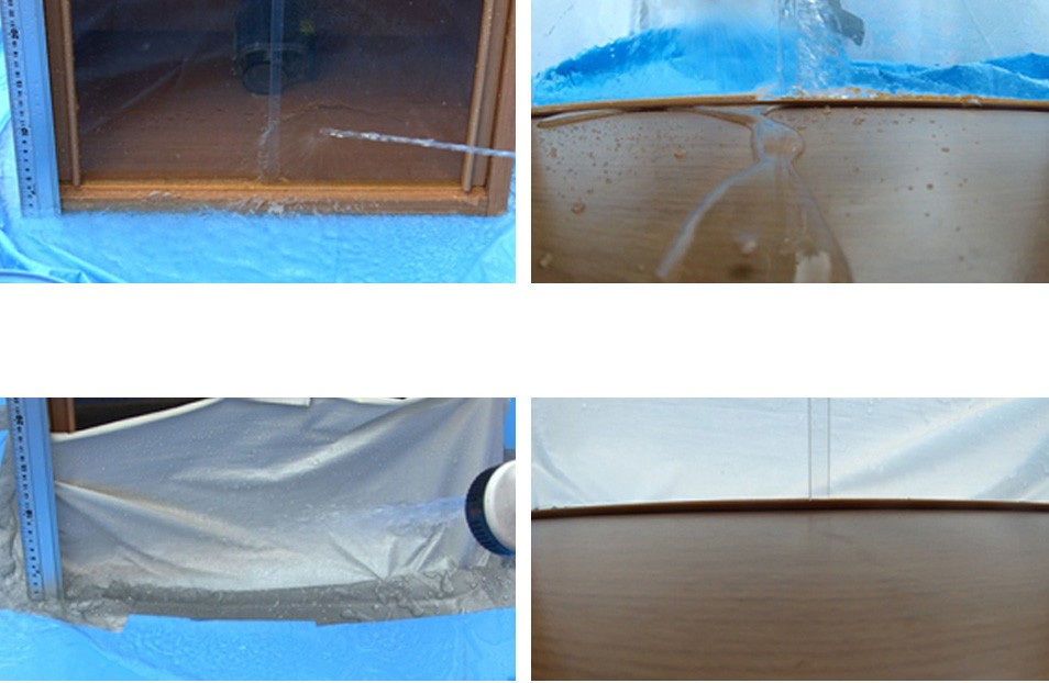 写真上は一般的なビニールシートで、下が水ピタ防水シート。防水効果に明らかな差がある