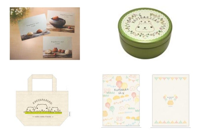 左上からポストカード、お茶、トート、クリアファイル（表裏）