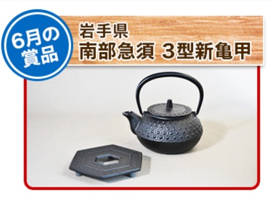 「住みます芸人 ご当地グルメ総選挙」の6月の賞品は、「南部急須 3型新亀甲」（岩手県）