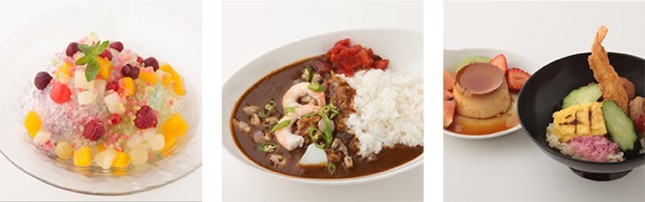 （写真左から）「乙姫の竜宮贅沢かき氷」、「鬼辛い！？シーフードカレー」、「一寸法師の一寸お子さまセット」