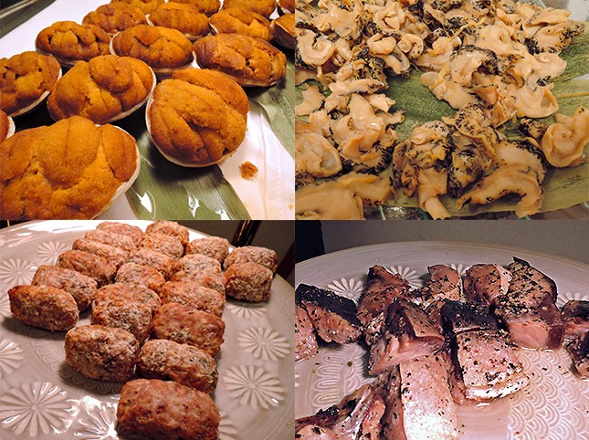 セミナーの試食会でふるまわれた「常磐もの」。（左上から）ウニの貝焼き、ツブの生姜煮、（左下から）イカメンチ、イナダの漬魚