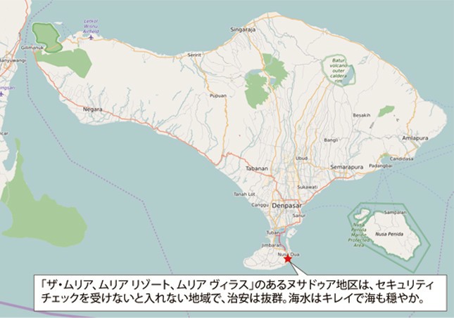 ムリアは島南端のヌサドゥア地区に立地する。風光明媚な自然でセキュリティも万全（Open Street Mapを編集部で加工）