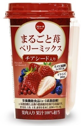 イチゴの食感と甘み、ぷるぷるチアシード入りチルドカップ飲料　めいらくグループから