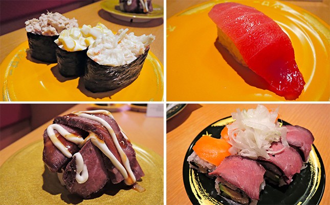 （写真左上から）サラダ3貫（120円＋税）、大切り中とろ（120円＋税）、ローストビーフマウンテン（300円＋税）、サーモン＆ローストビーフロール（200円＋税）