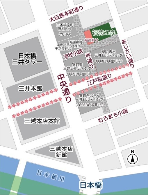 「福徳の森」の周辺地図。東京メトロ三越前駅から徒歩1分の場所にある。
