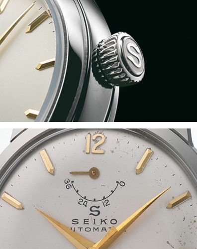 本限定モデルのりゅうずにあしらわれた「蛇S」(上)と初代「オートマチック」のダイヤルに印された「蛇S」