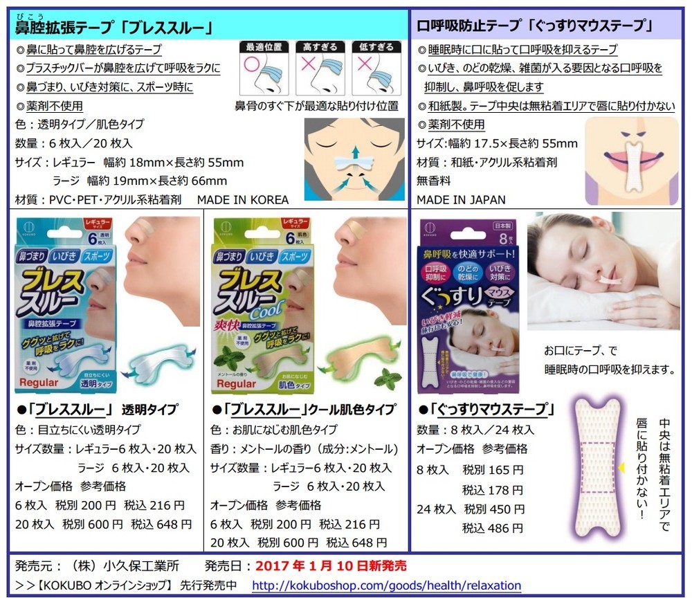 鼻呼吸がラクラクのテープ2種、小久保工業所