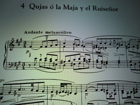 「嘆き、またはマハと夜鳴き鶯」の出だしの楽譜。アンダンテ・ メランコリコの表記が見える