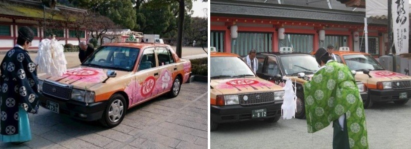 昨年の両社の「受験にキットカット号」祈願式。左が福岡西鉄タクシー、右が久留米西鉄タクシー