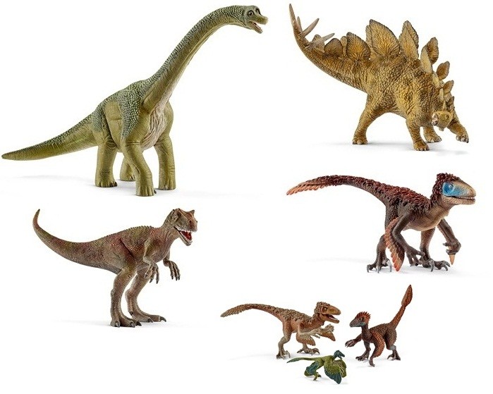 〈左上から時計回りに〉恐竜シリーズの「ブラキオサウルス」「ステゴサウルス」「ユタラプトル」「羽毛恐竜セット」「アロサウルス」