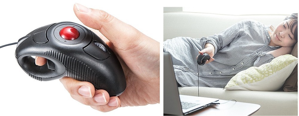 トリガー型でトラックボールがついた「ごろ寝マウス」...両手＆空中対応