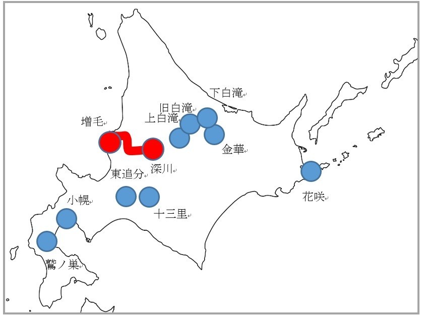 青は第1部の9駅、赤は第2部の留萌本線