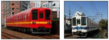 昨年運行したリバイバル車両(左)と現行カラーリングの8000系車両(右)
