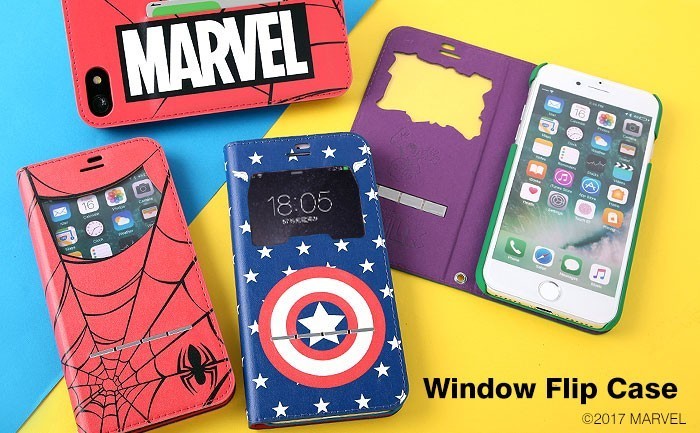 アメコミ「MARVEL」キャラデザインのiPhone 7ケース　閉じたまま画面の確認や通話ができる窓＆金属バー装備