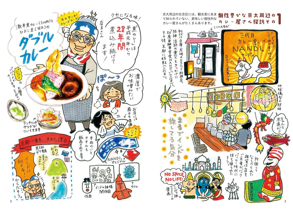 イラストコラムでは、京都のおいしいカレー店、カレーパンを紹介