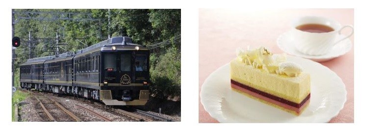 観光特急「青の交響曲」(左)と車内限定春季オリジナルケーキ「シュシュ」