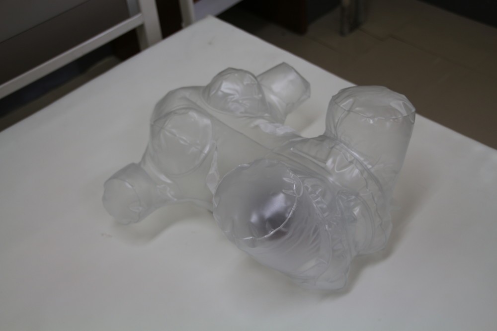 背部にスマートフォンが装着されたエアドール。映像と連動する。
