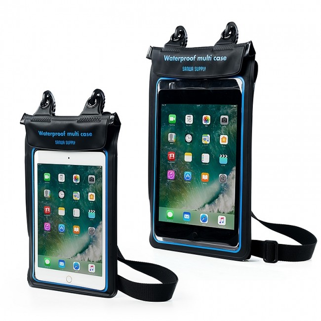 タブレットも小物もまとめて収納できる汎用タイプ防水ケース　両面クリアでカメラと操作が可能