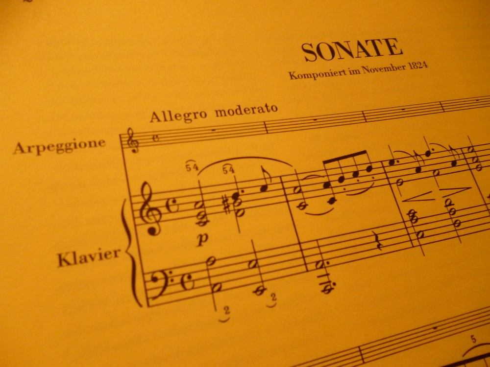 アルペジョーネ・ソナタ　第1楽章冒頭の楽譜、ソロ楽器のところに「Arpeggione」と確かに書いてある