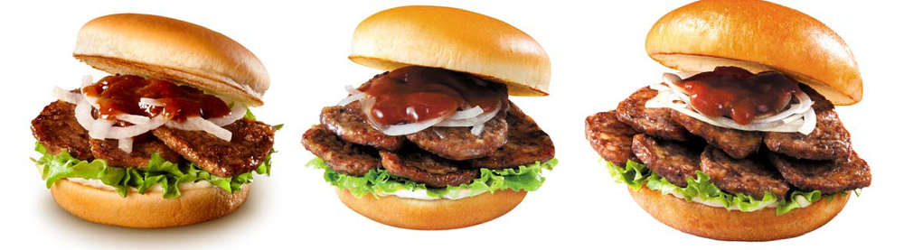 左から、「やわらか焼肉バーガー（焼肉だれ）」、大盛り、メガ盛り