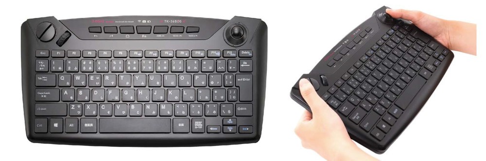トラックボール＆マウスボタン搭載　両手で握って使えるワイヤレスキーボード
