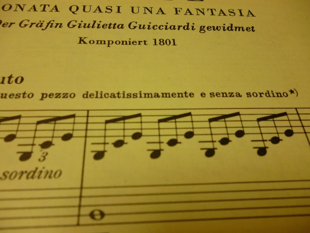 アダージオ・ソステヌート（ゆっくりとしっかりした音で）の下に見える「すべてをとてもデリケートにそして、senza sordinoで演奏するように」と書いてある