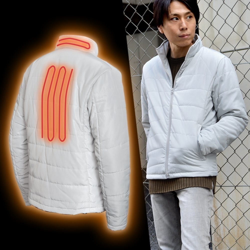 背中と襟に電熱ヒーター内蔵　モバイルバッテリーから給電するライトダウンジャケット