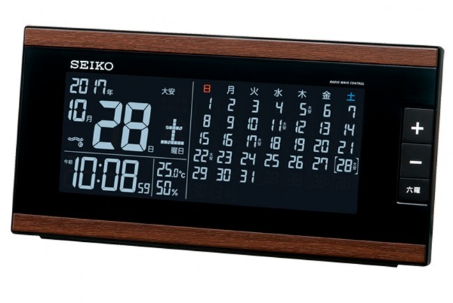 木目模様のモダンデザイン、1画面で日付や時刻、温度／湿度がわかるデジタル置時計