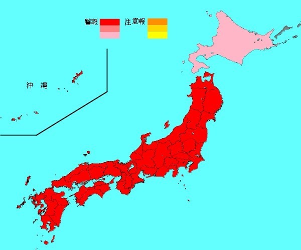 国立感染症研究所発表のインフルエンザ流行マップ。北海道以外すべてが、「警報レベル」で最も高い色だ