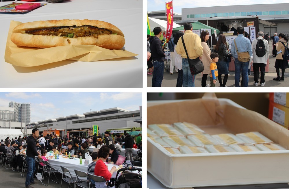飲食ブースには多くの人だかりがあった。中でも「さばサンド」（左上）と「玉子サンド」（右下）が人気だった