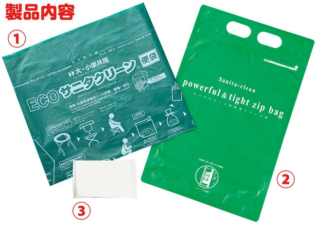 ①ECOサニタクリーン便袋　②高密閉チャック袋　③水に流せるティッシュ
