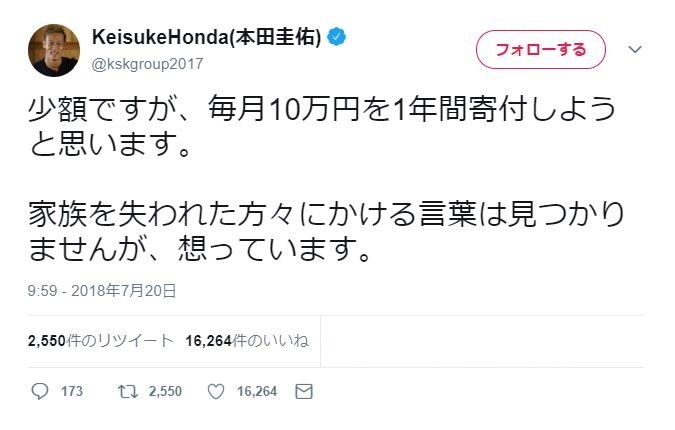本田圭佑選手のツイッター