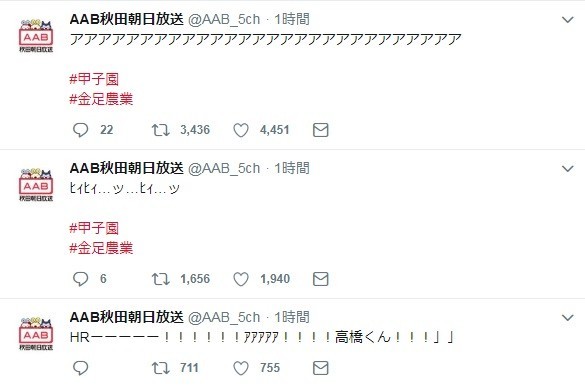 歓喜に沸くAAB秋田朝日放送のツイッター