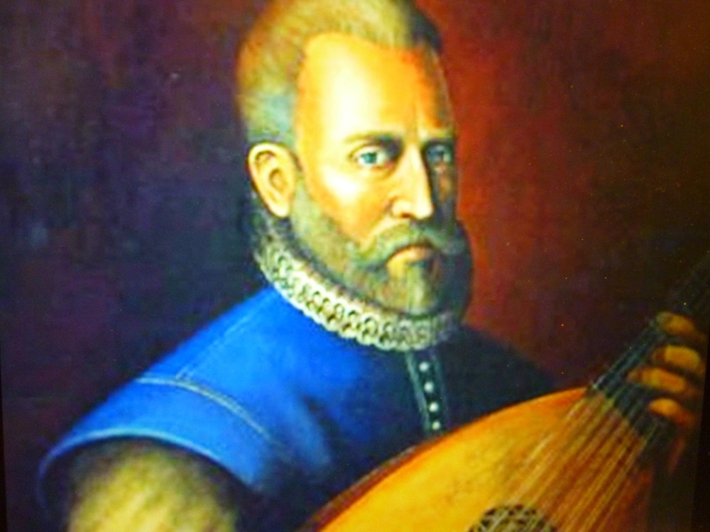 リュートを持ち、作曲をしているダウランドの肖像画