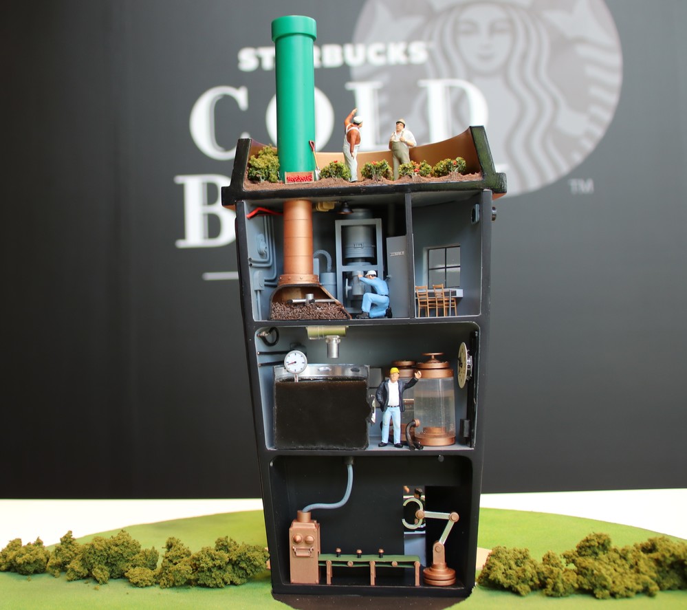 「スターバックス・コールドブリュー コーヒー」の製造工程を表現したミニチュア模型