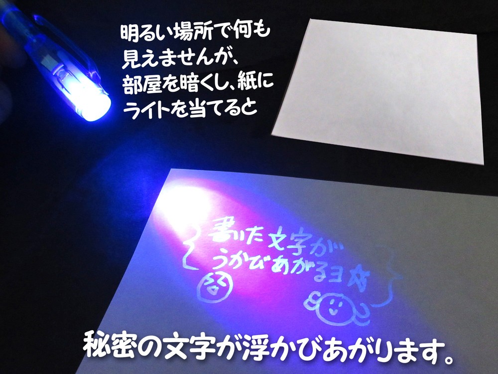 暗い場所で紙にブラックライトを当てると文字が浮かび上がる