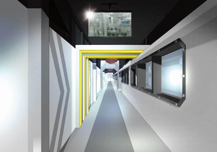 宇宙船の内部にいるような見学通路