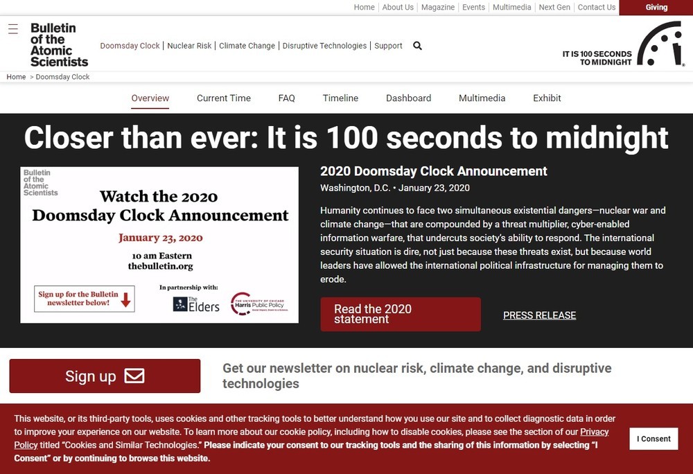 「ブレティン・オブ・ジ・アトミック・サイエンティスツ」公式サイトの「Doomsday Clock」ページ
