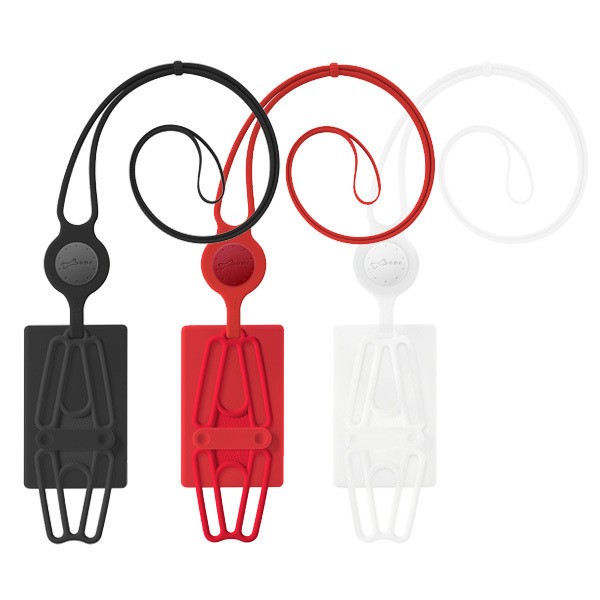 伸びるシリコン製で多機種に対応　カードも収納できる首掛け式スマホホルダー